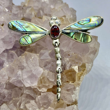 PD 09624 AB-GR-(925 BALI SILVER DRAGONFLY BROOCH PENDANT WITH ABALONE - GARNET)